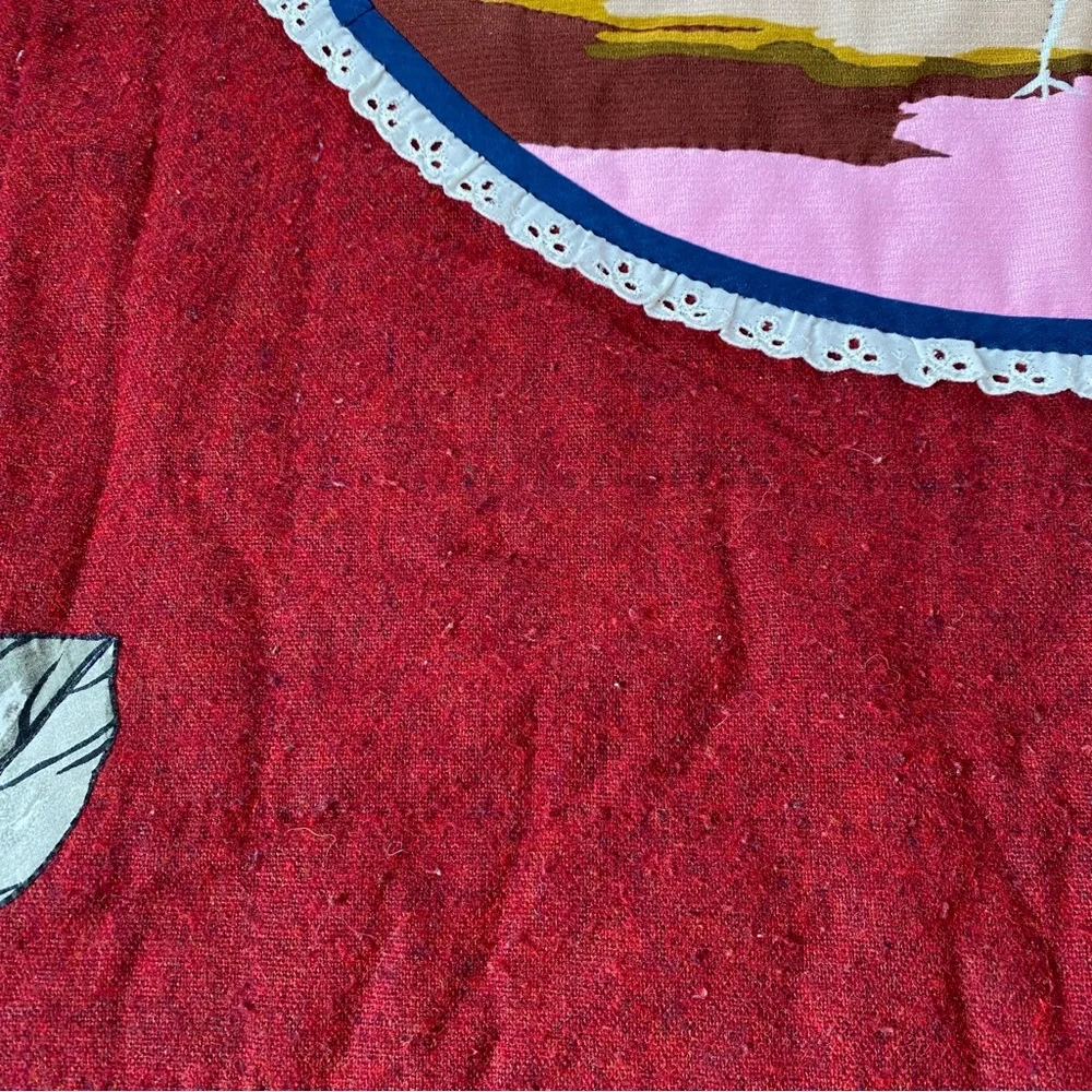 Vtg MCM Handmade Quilt Bedspread Bright Cranes Birds Maroon Wool Floral 58”x82”